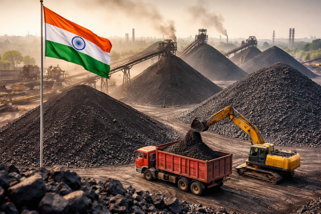 India coal production crosses 1 billion tonnes again in 2026 as stockpiles rise sharply across mining hubs, highlighting energy security push and supply strength — representative image of large-scale coal mining operations in India.