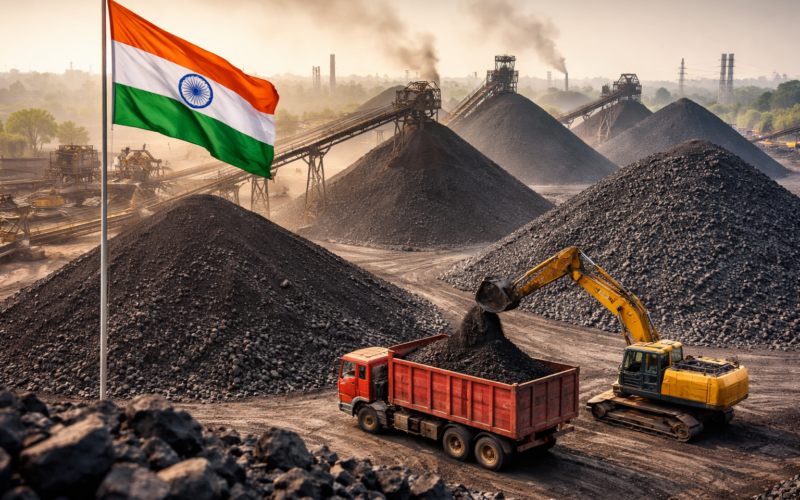 India coal production crosses 1 billion tonnes again in 2026 as stockpiles rise sharply across mining hubs, highlighting energy security push and supply strength — representative image of large-scale coal mining operations in India.