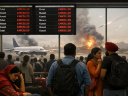 Passengers wait at an Indian airport after Gulf routes were closed amid the escalating Iran-Israel war, as airlines cancel hundreds of flights across major hubs including New Delhi and Mumbai. Representative image highlighting aviation disruption impacting Indian travellers and expatriate workers.