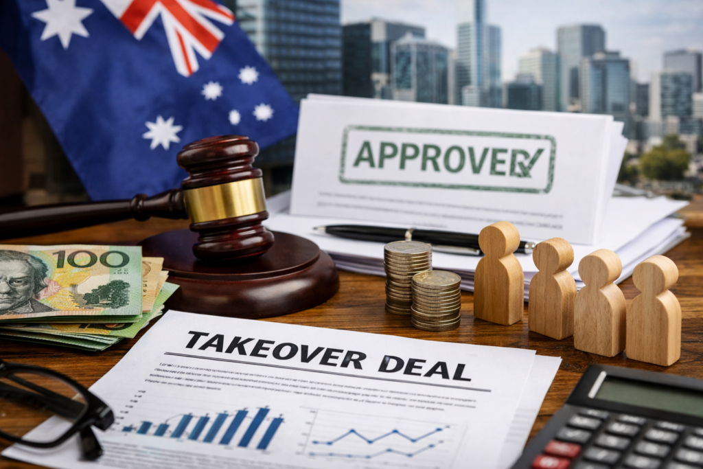 Representative image of a corporate takeover approval process featuring financial documents, legal gavel, and Australian market context, illustrating Insignia Financial’s A$3.9bn takeover by CC Capital progressing after APRA clearance.