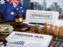 Representative image of a corporate takeover approval process featuring financial documents, legal gavel, and Australian market context, illustrating Insignia Financial’s A$3.9bn takeover by CC Capital progressing after APRA clearance.