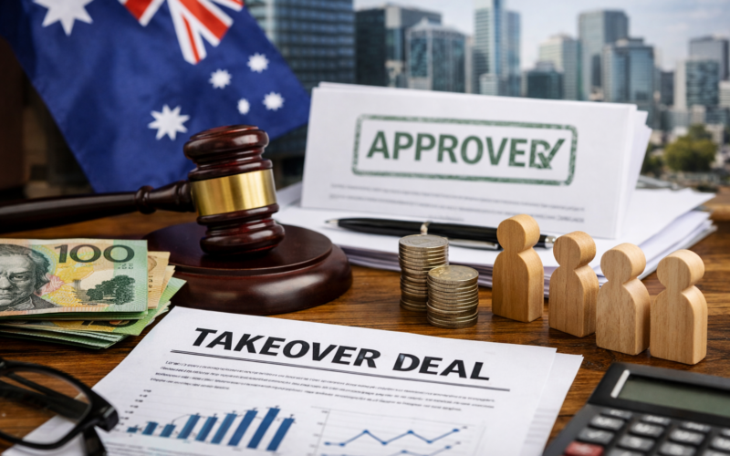 Representative image of a corporate takeover approval process featuring financial documents, legal gavel, and Australian market context, illustrating Insignia Financial’s A$3.9bn takeover by CC Capital progressing after APRA clearance.