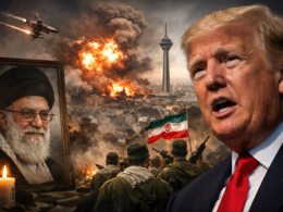 Representative image of United States President Donald Trump and Iran’s Supreme Leader Ayatollah Ali Khamenei set against a dramatic Tehran skyline, illustrating escalating tensions after Trump’s claim of a joint US-Israel strike on Tehran and Iran’s denial, a development that could reshape Middle East geopolitics and global security dynamics.