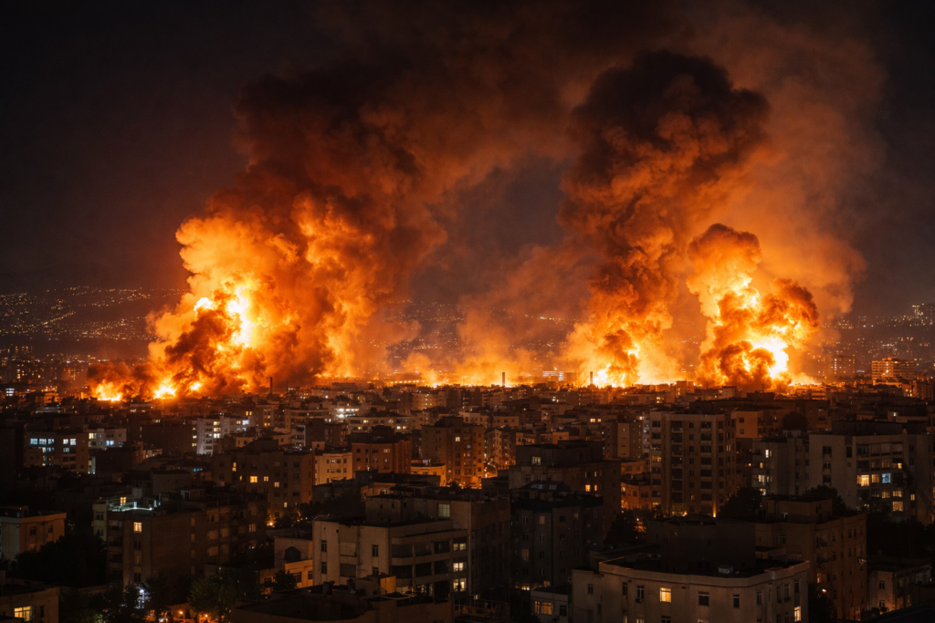 Representative image of explosions over Tehran after unprecedented Israeli strikes, as stalled United States peace talks and another delayed Hormuz deadline deepen fears of a wider Middle East war.
