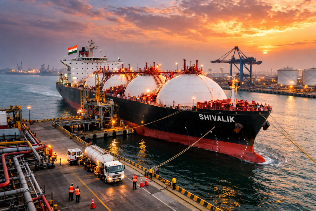 Representative image of a liquefied petroleum gas carrier docking at an industrial port terminal, reflecting the arrival of the LPG vessel Shivalik at Mundra Port after successfully transiting the Strait of Hormuz amid the West Asia conflict and global energy supply disruptions.