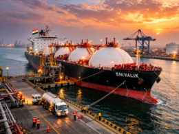Representative image of a liquefied petroleum gas carrier docking at an industrial port terminal, reflecting the arrival of the LPG vessel Shivalik at Mundra Port after successfully transiting the Strait of Hormuz amid the West Asia conflict and global energy supply disruptions.