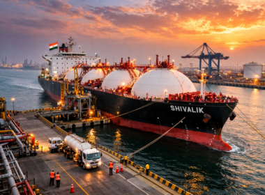 Representative image of a liquefied petroleum gas carrier docking at an industrial port terminal, reflecting the arrival of the LPG vessel Shivalik at Mundra Port after successfully transiting the Strait of Hormuz amid the West Asia conflict and global energy supply disruptions.