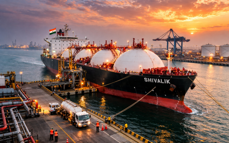 Representative image of a liquefied petroleum gas carrier docking at an industrial port terminal, reflecting the arrival of the LPG vessel Shivalik at Mundra Port after successfully transiting the Strait of Hormuz amid the West Asia conflict and global energy supply disruptions.