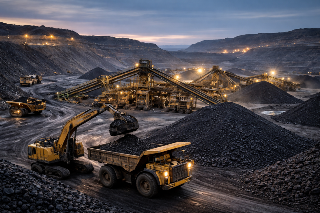 Representative image of a large-scale coal mining operation illustrating industry conditions as MC Mining Limited halts Uitkomst Colliery operations amid falling revenue while advancing the Makhado hard coking coal project toward April 2026 commissioning.