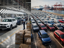 Representative image showing passenger vehicles lined up at a manufacturing facility and export terminal, reflecting Maruti Suzuki India Limited’s February 2026 sales momentum as utility vehicle demand and overseas shipments drive volume growth beyond 214,000 units.