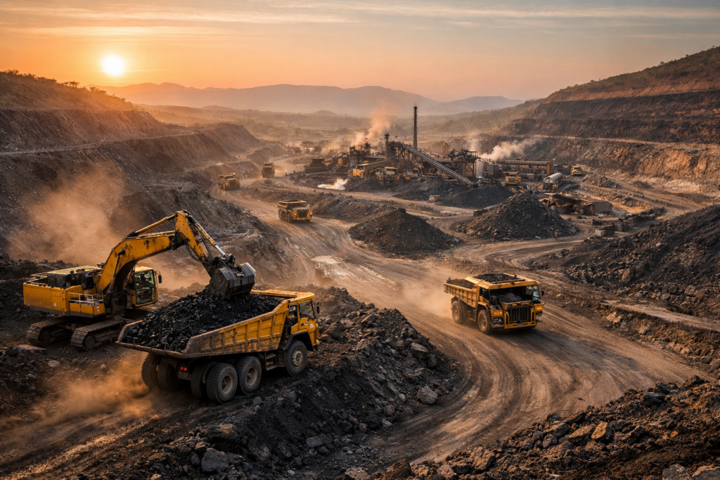 Representative image of a large open-pit coking coal mining operation, reflecting the scale and strategic significance of JSW Steel Limited’s launch of the Minas de Revuboe coking coal project in Mozambique’s Tete Province, a move aimed at securing long-term raw material supply for its expanding steel production capacity.