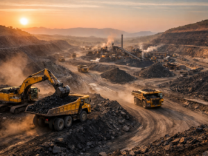 Representative image of a large open-pit coking coal mining operation, reflecting the scale and strategic significance of JSW Steel Limited’s launch of the Minas de Revuboe coking coal project in Mozambique’s Tete Province, a move aimed at securing long-term raw material supply for its expanding steel production capacity.