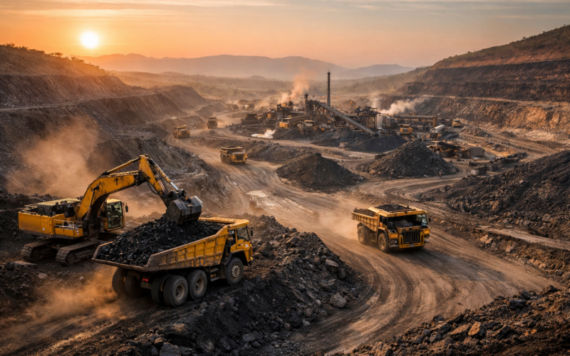 Representative image of a large open-pit coking coal mining operation, reflecting the scale and strategic significance of JSW Steel Limited’s launch of the Minas de Revuboe coking coal project in Mozambique’s Tete Province, a move aimed at securing long-term raw material supply for its expanding steel production capacity.