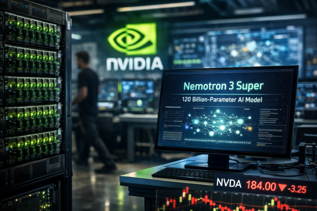 Representative image of AI data center infrastructure illustrating the launch of NVIDIA Corporation’s Nemotron 3 Super model, a 120-billion-parameter system designed to accelerate multi-agent AI reasoning and reshape the economics debate around agentic AI development.