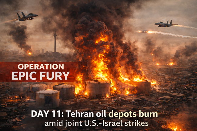 Representative image: Oil storage facilities engulfed in flames during a simulated wartime strike scenario, illustrating the escalation of Operation Epic Fury as United States and Israeli air strikes target Iranian fuel infrastructure and deepen the global energy supply crisis.