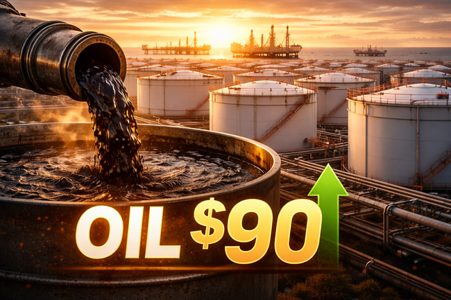 Representative image: Oil storage tanks and crude transfer infrastructure illustrating tightening global supply conditions as oil prices surge above $90 per barrel amid Strait of Hormuz disruption and Gulf export capacity warnings.