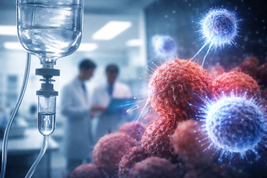Opdivo immunotherapy concept image showing immune cells targeting cancer cells, reflecting Bristol Myers Squibb’s expansion into frontline Hodgkin lymphoma treatment (representative image).