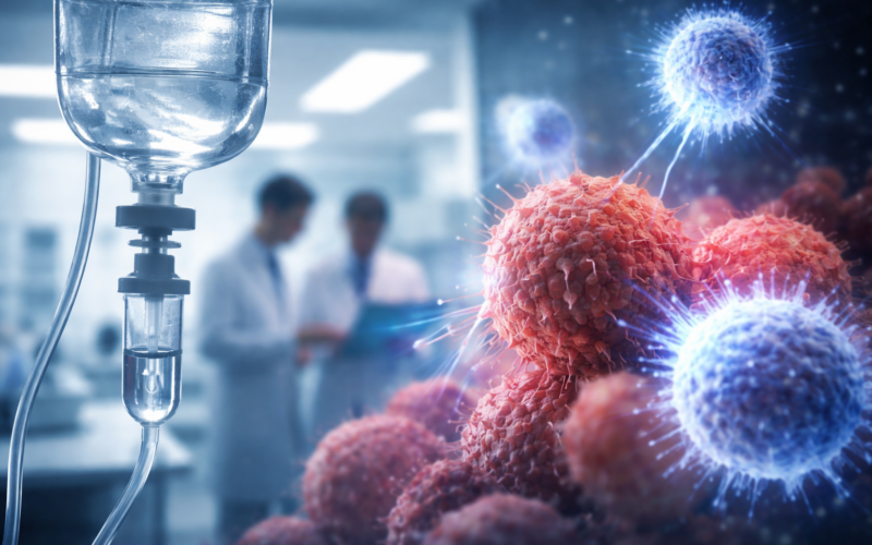 Opdivo immunotherapy concept image showing immune cells targeting cancer cells, reflecting Bristol Myers Squibb’s expansion into frontline Hodgkin lymphoma treatment (representative image).