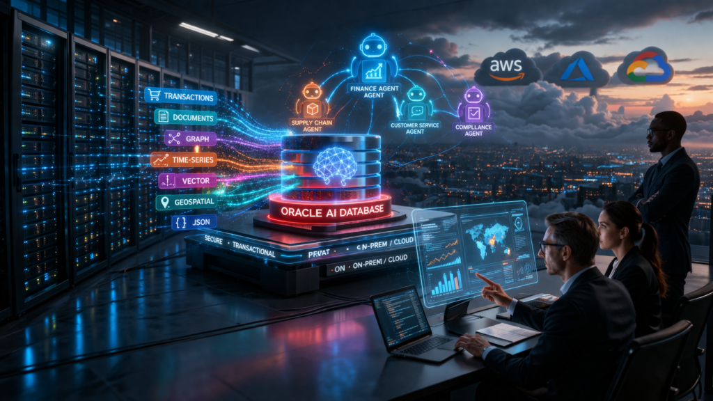 Oracle’s converged AI database architecture enables enterprise AI agents to operate directly on live operational data, intensifying competition with AWS, Microsoft Azure, and Google Cloud. Representative image.