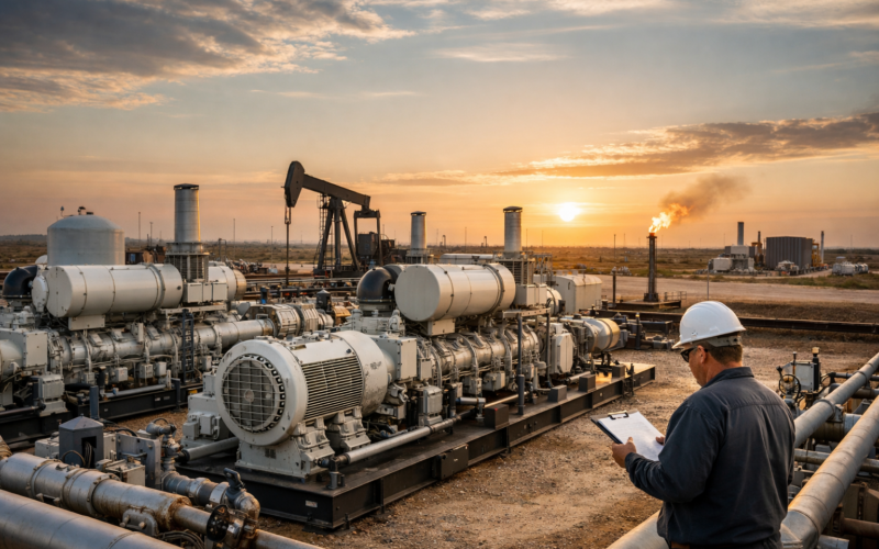 Representative image of Permian Basin natural gas compression infrastructure as Kodiak Gas Services (NYSE: KGS) expands footprint with $24m compression asset acquisition and 7-year service contract.