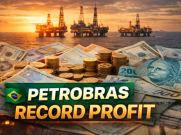 Representative image: Offshore oil platforms and financial indicators symbolizing Petrobras’ strong cash generation and record 2025 net profit, driven by rising production and foreign exchange gains.
