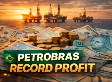 Representative image: Offshore oil platforms and financial indicators symbolizing Petrobras’ strong cash generation and record 2025 net profit, driven by rising production and foreign exchange gains.