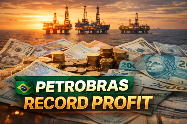 Representative image: Offshore oil platforms and financial indicators symbolizing Petrobras’ strong cash generation and record 2025 net profit, driven by rising production and foreign exchange gains.