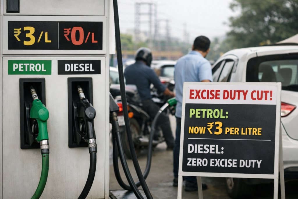 Representative image of a fuel station in India after the excise duty cut on petrol and diesel, as the Hormuz crisis pushes up India’s energy import bill and raises pressure on fuel pricing policy.