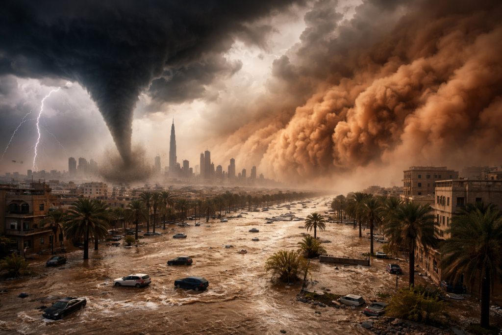Rare Middle East storm forecast 2026: Representative image showing tornado-like funnel, flash flooding and haboob dust wall over Gulf city skyline as severe weather threat intensifies across UAE, Saudi Arabia, Qatar and wider region.