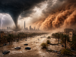 Rare Middle East storm forecast 2026: Representative image showing tornado-like funnel, flash flooding and haboob dust wall over Gulf city skyline as severe weather threat intensifies across UAE, Saudi Arabia, Qatar and wider region.