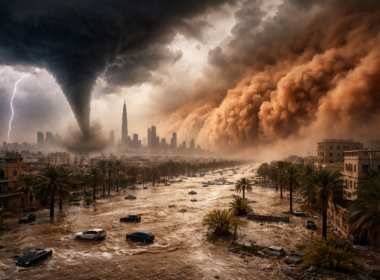 Rare Middle East storm forecast 2026: Representative image showing tornado-like funnel, flash flooding and haboob dust wall over Gulf city skyline as severe weather threat intensifies across UAE, Saudi Arabia, Qatar and wider region.