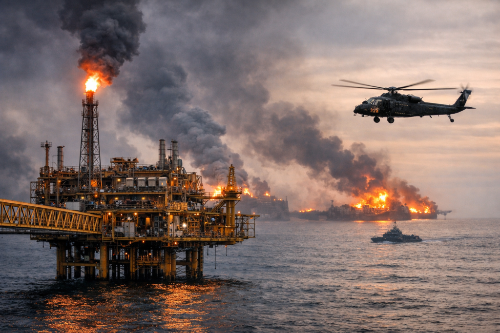 Representative image of offshore oil production infrastructure in the Middle East as TotalEnergies shuts down 15% of global output amid escalating regional conflict affecting Qatar, Iraq, and UAE offshore fields, highlighting the growing disruption to global energy supplies.