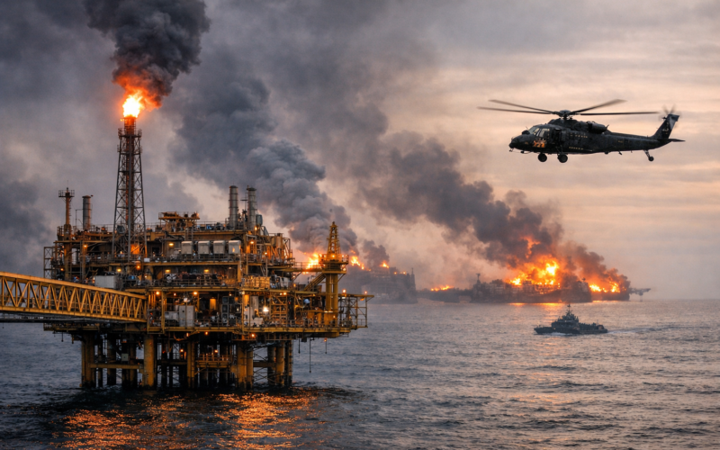Representative image of offshore oil production infrastructure in the Middle East as TotalEnergies shuts down 15% of global output amid escalating regional conflict affecting Qatar, Iraq, and UAE offshore fields, highlighting the growing disruption to global energy supplies.