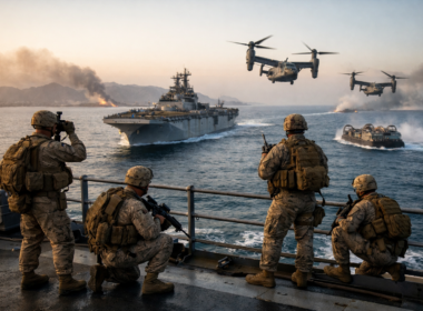 US Marines deployment to the Strait of Hormuz highlights escalating Iran conflict risks as amphibious assault ships and Marine Expeditionary Units signal potential shift toward ground operations — representative image.