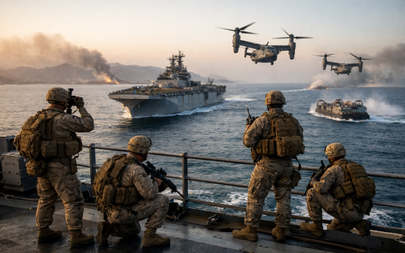 US Marines deployment to the Strait of Hormuz highlights escalating Iran conflict risks as amphibious assault ships and Marine Expeditionary Units signal potential shift toward ground operations — representative image.