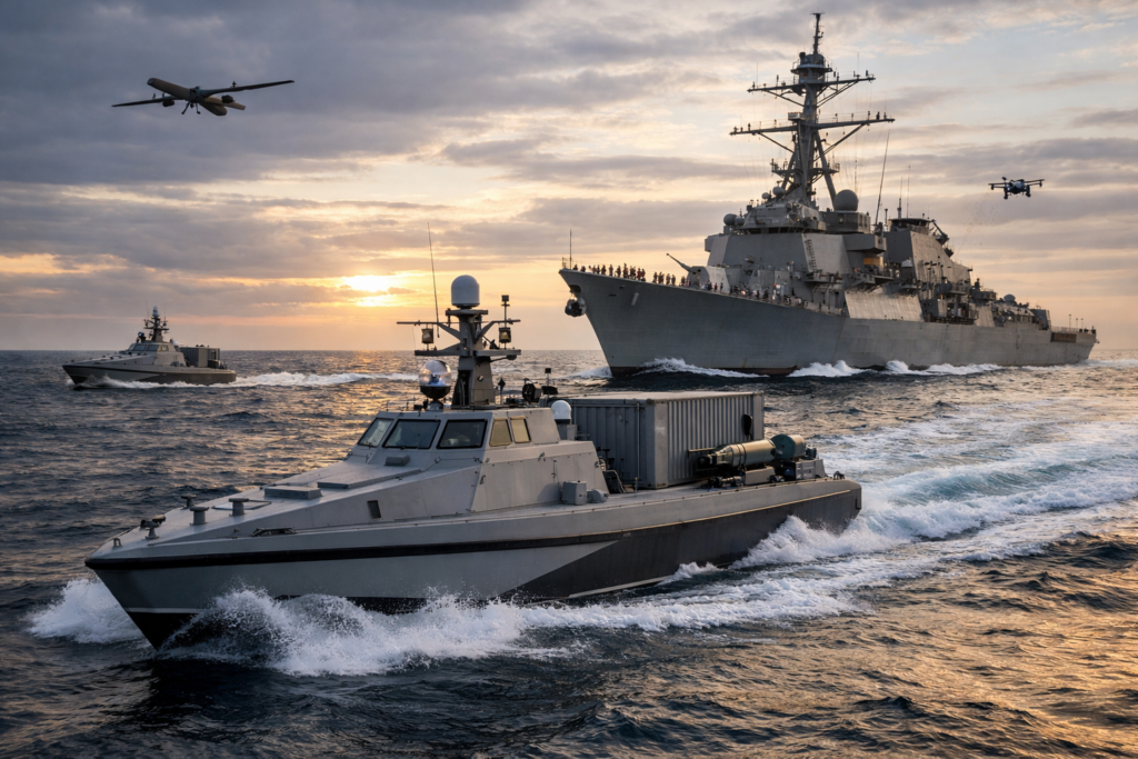 Representative image of a United States Navy unmanned surface vessel operating near a naval warship, illustrating the US Navy’s MASC programme cancellation and the launch of the $2.1 billion MUSV marketplace under the Golden Fleet strategy.