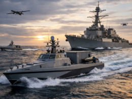 Representative image of a United States Navy unmanned surface vessel operating near a naval warship, illustrating the US Navy’s MASC programme cancellation and the launch of the $2.1 billion MUSV marketplace under the Golden Fleet strategy.