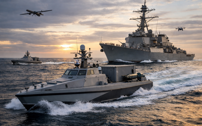 Representative image of a United States Navy unmanned surface vessel operating near a naval warship, illustrating the US Navy’s MASC programme cancellation and the launch of the $2.1 billion MUSV marketplace under the Golden Fleet strategy.