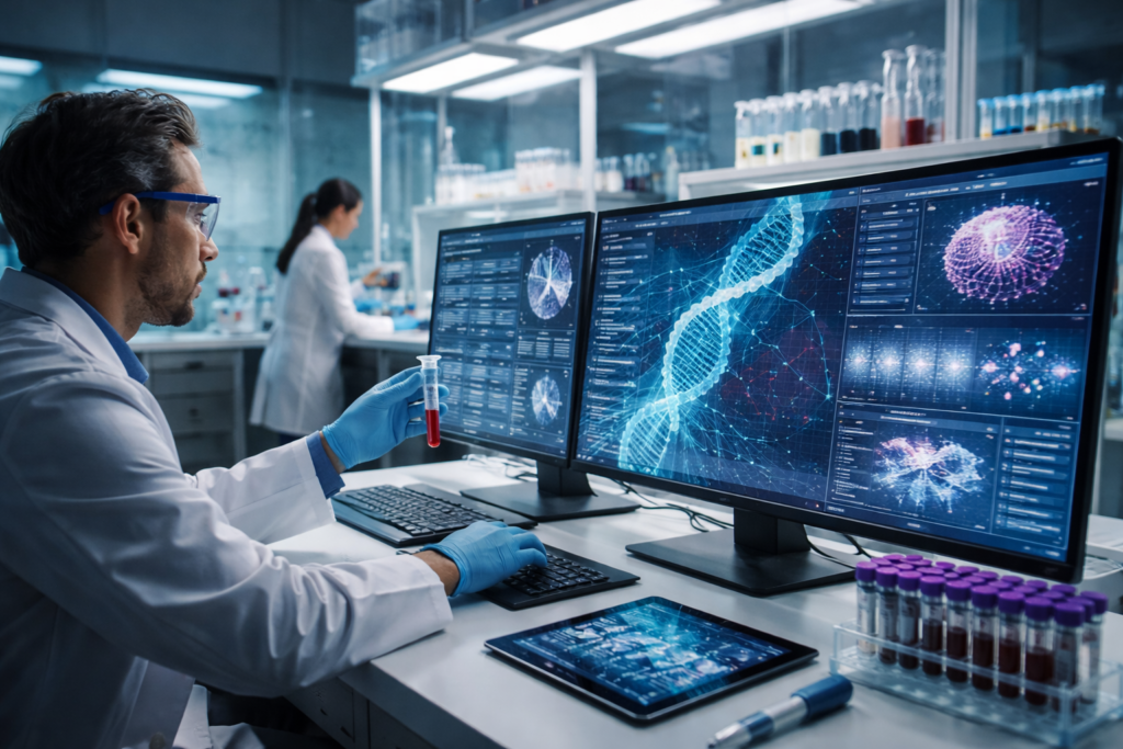 Precision oncology meets real-world data integration: researchers analyse liquid biopsy and electronic health record datasets to accelerate biomarker discovery and drug development, reflecting the Verana Health–Guardant Health collaboration (representative image).