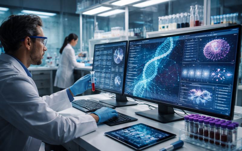 Precision oncology meets real-world data integration: researchers analyse liquid biopsy and electronic health record datasets to accelerate biomarker discovery and drug development, reflecting the Verana Health–Guardant Health collaboration (representative image).