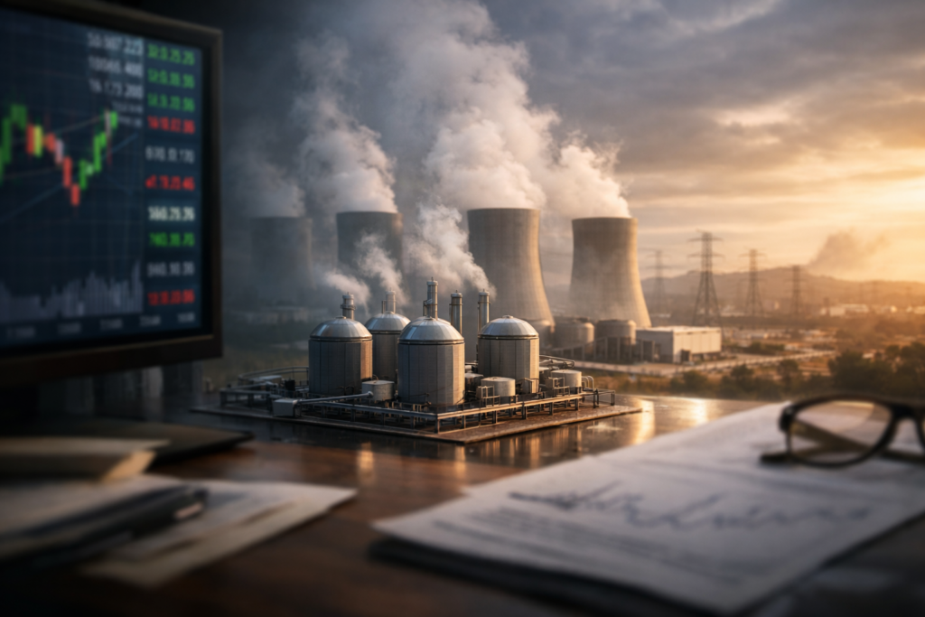 Representative image of advanced nuclear small modular reactors and financial markets, illustrating X-energy’s Nasdaq IPO move and Xe-100 deployment ambitions amid rising global energy demand.