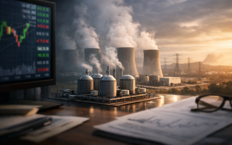 Representative image of advanced nuclear small modular reactors and financial markets, illustrating X-energy’s Nasdaq IPO move and Xe-100 deployment ambitions amid rising global energy demand.