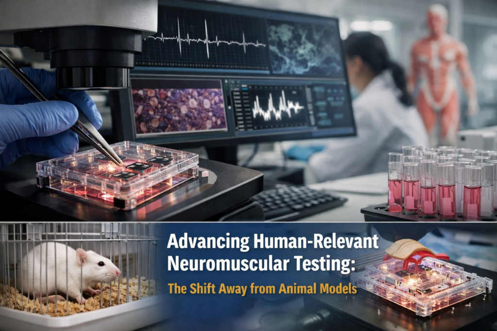 Representative image of advanced neuromuscular testing using human-relevant 3D tissue models, highlighting the Curi Bio and Battelle partnership as the FDA accelerates the shift away from animal testing in drug development