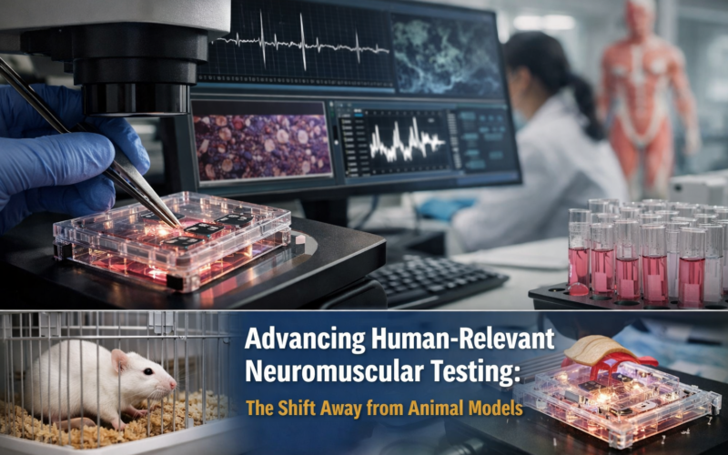 Representative image of advanced neuromuscular testing using human-relevant 3D tissue models, highlighting the Curi Bio and Battelle partnership as the FDA accelerates the shift away from animal testing in drug development