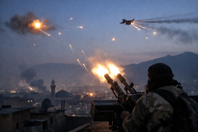 Representative image of pre-dawn air defence fire over Kabul as Afghanistan’s Taliban-led government confirms engagement with Pakistani military aircraft, highlighting rising Afghanistan–Pakistan tensions and fresh security risks in the region.