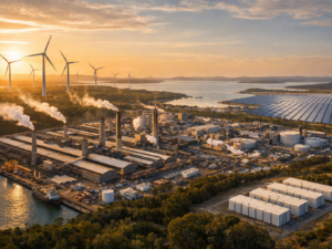 Representative image of an aluminium smelter and renewable energy infrastructure in Queensland, illustrating Rio Tinto’s Boyne Smelter 2040 deal and the A$9.5 billion clean power push behind Australia’s low-carbon aluminium future.