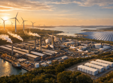 Representative image of an aluminium smelter and renewable energy infrastructure in Queensland, illustrating Rio Tinto’s Boyne Smelter 2040 deal and the A$9.5 billion clean power push behind Australia’s low-carbon aluminium future.