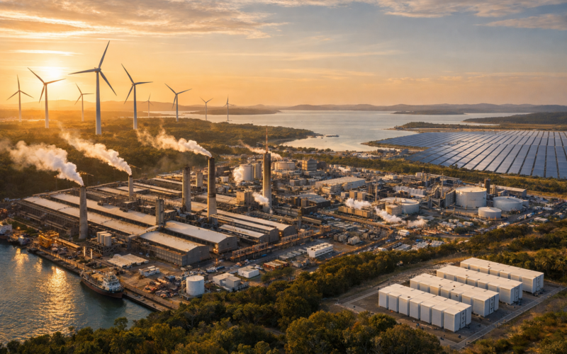 Representative image of an aluminium smelter and renewable energy infrastructure in Queensland, illustrating Rio Tinto’s Boyne Smelter 2040 deal and the A$9.5 billion clean power push behind Australia’s low-carbon aluminium future.