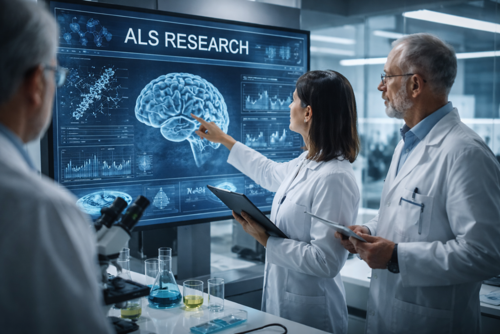 Representative image of scientists analyzing neurological data during amyotrophic lateral sclerosis research, reflecting the clinical investigation behind NeuroSense Therapeutics’ PrimeC therapy following the PARADIGM Phase 2b ALS trial publication in JAMA Neurology.