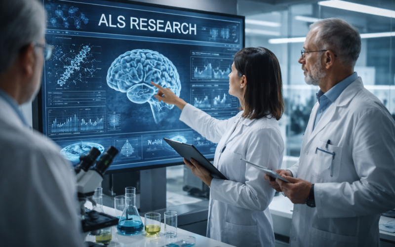 Representative image of scientists analyzing neurological data during amyotrophic lateral sclerosis research, reflecting the clinical investigation behind NeuroSense Therapeutics’ PrimeC therapy following the PARADIGM Phase 2b ALS trial publication in JAMA Neurology.